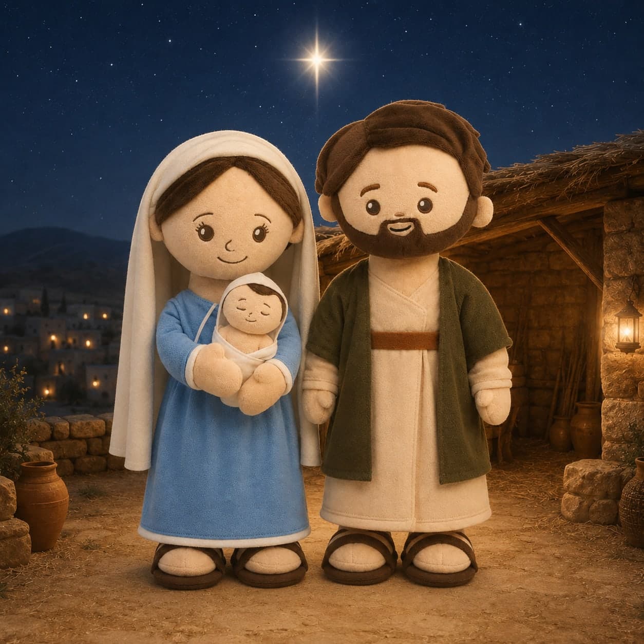 Mary, Joseph and baby Jesus plushies outside the stable in Bethlehem, under the star