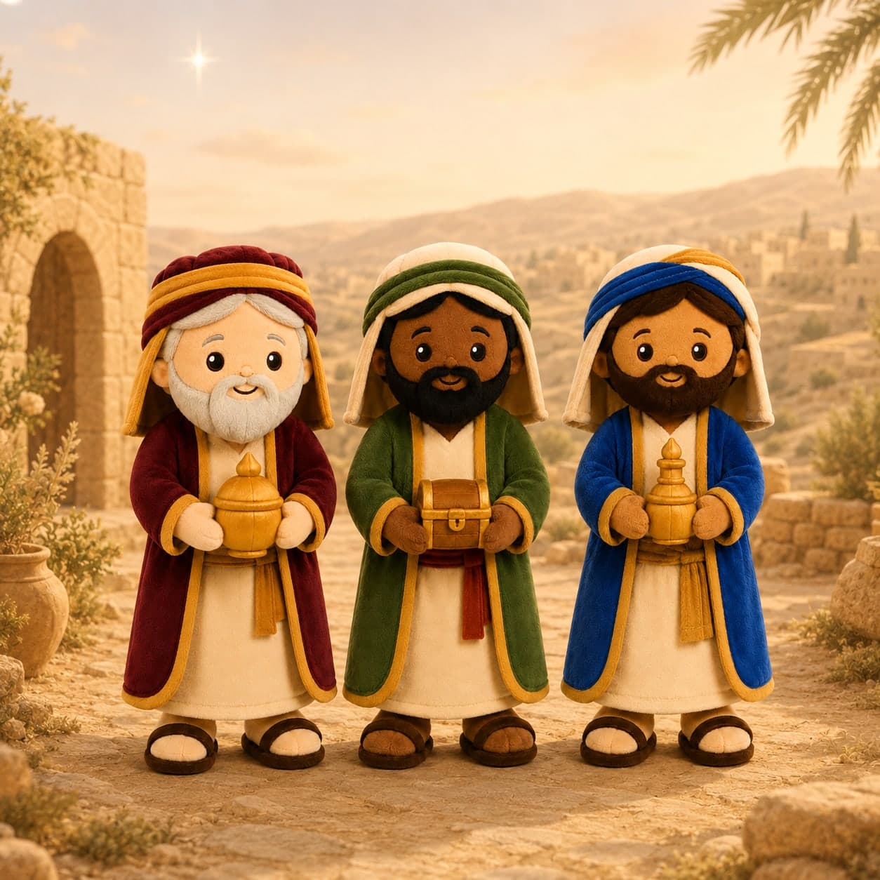 The three wise men plushies crossing the hills toward Bethlehem at first light